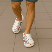 Hawaii DNA Kakau Tattoo Clogs Shoes with Plumeria and Hibiscus Tropical Plants White Color