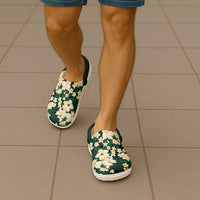 Hawaii Hibiscus Plumeria Green Clogs Shoes Polynesian Pattern