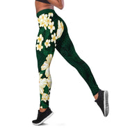 Hawaii Hibiscus Plumeria Green Leggings Polynesian Pattern
