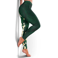 Hawaii Hibiscus Plumeria Green Leggings Polynesian Pattern