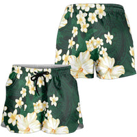 Hawaii Hibiscus Plumeria Green Shorts for Women Polynesian Pattern