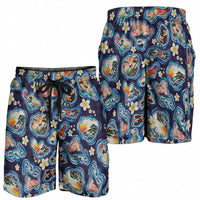 Hawaii Islands Map Design with Japanese Landscape Shorts for Men Hawaiian Japan Fusion Art Navy Color