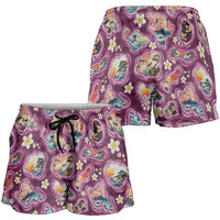 Hawaii Islands Map Design with Japanese Landscape Shorts for Women Hawaiian Japan Fusion Art Pink Color LT03 - Polynesian Pride