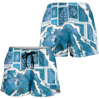 Hawaii Japanese Culture Blue Shorts for Women Spring Cranes Aloha Pattern
