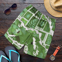 Hawaii Japanese Culture Sage Green Shorts for Men Spring Cranes Aloha Pattern