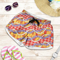 Hawaii Kahili Palaka Motifs Shorts for Women Hawaiian Honohono Pikake Lei LT14 Red - Polynesian Pride