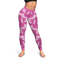 Hawaii Monstera Deliciosa Leggings Pink Plumeria Polynesian Pattern - Polynesian Pride