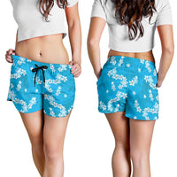 Hawaii Monstera Deliciosa Shorts for Women Blue Plumeria Polynesian Pattern - Polynesian Pride