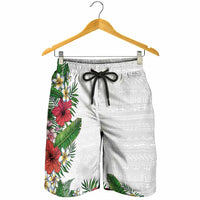 Hawaii Tropical Flowers and Leaves Shorts for Men Tapa Pattern White Mode