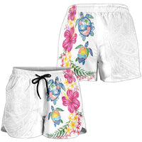 Hawaiian Abstract Art Turtles Shorts for Women with Plumeria and Hibiscus - Polynesian Pride