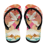 Hawaiian and Japanese Culture Together Flip Flops Kakau Art Tattoo with Cranes and Sakura Spring Vibe - Polynesian Pride