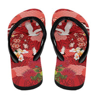 Hawaiian and Japanese Culture Together Flip Flops Red Ohia Lehua Plumeria and Sakura Blooming - Polynesian Pride