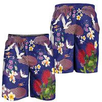 Hawaiian and Japanese Culture Together Shorts for Men Blue Ohia Lehua Plumeria and Sakura Blooming - Polynesian Pride