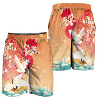 Hawaiian and Japanese Culture Together Shorts for Men Kakau Art Tattoo with Cranes and Sakura Spring Vibe - Polynesian Pride