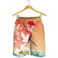 Hawaiian and Japanese Culture Together Shorts for Men Kakau Art Tattoo with Cranes and Sakura Spring Vibe LT03 - Polynesian Pride