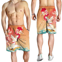 Hawaiian and Japanese Culture Together Shorts for Men Kakau Art Tattoo with Cranes and Sakura Spring Vibe - Polynesian Pride