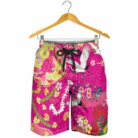Hawaiian and Japanese Culture Together Shorts for Men Kakau Tribal Pattern and Irezumi Art Pink Color