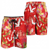 Hawaiian and Japanese Culture Together Shorts for Men Kakau Tribal Pattern and Irezumi Art Red Color