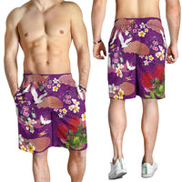 Hawaiian and Japanese Culture Together Shorts for Men Purple Ohia Lehua Plumeria and Sakura Blooming - Polynesian Pride