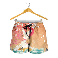 Hawaiian and Japanese Culture Together Shorts for Women Kakau Art Tattoo with Cranes and Sakura Spring Vibe - Polynesian Pride