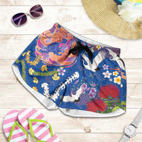 Hawaiian and Japanese Culture Together Shorts for Women Kakau Tribal Pattern and Irezumi Art Blue Color
