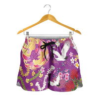 Hawaiian and Japanese Culture Together Shorts for Women Kakau Tribal Pattern and Irezumi Art Purple Color