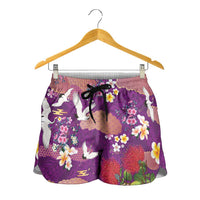 Hawaiian and Japanese Culture Together Shorts for Women Purple Ohia Lehua Plumeria and Sakura Blooming - Polynesian Pride