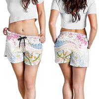 Hawaiian and Japanese Culture Together Shorts for Women Tribal Motifs with Lei and Japanese Sakura Pattern LT03 - Polynesian Pride