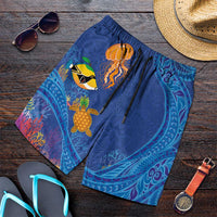 Hawaiian Funny Fruits Sea Animals Shorts for Men Mango Reef Triggerfish and Pineapple Turtle and Mandarin Jellyfish LT03 Blue - Polynesian Pride