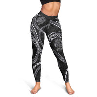 Hawaiian Kakau Art and Hisbiscus Tattoo Leggings Tribal Pattern-Silver Style - Polynesian Pride