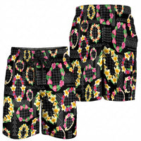 Hawaiian Kakau Tattoo Leis and Palaka Pattern Shorts for Men Traditional Aloha Tribal Black Color