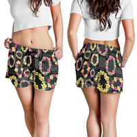 Hawaiian Kakau Tattoo Leis and Palaka Pattern Shorts for Women Traditional Aloha Tribal Black Color