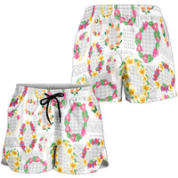 Hawaiian Kakau Tattoo Leis and Palaka Pattern Shorts for Women Traditional Aloha Tribal White Color