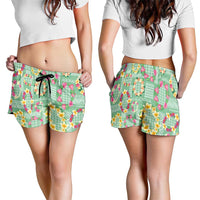 Hawaiian Leis Shorts for Women Kakau Tattoos and Palaka Pastel Green Color