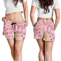 Hawaiian Leis Shorts for Women Kakau Tattoos and Palaka Pastel Pink Color