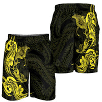 Hawaiian Manta Rays Shorts for Men Tribal Hibiscus Polynesian Tattoos Yellow Color - Polynesian Pride