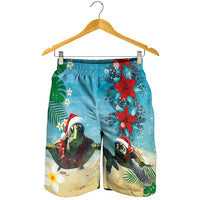 Hawaiian Mele Kalikimaka Shorts for Men Xmas Turtles and Tropical Plants with Red Poinsettia Watercolor Style LT03 - Polynesian Pride