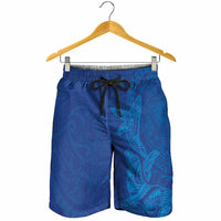 Hawaiian Monk Seal and Whale Shorts for Men Kakau Tribal Pattern Blue Color