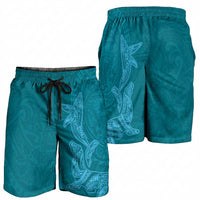 Hawaiian Monk Seal and Whale Shorts for Men Kakau Tribal Pattern Teal Color
