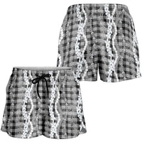 Hawaiian Ohia Lehua Lei Shorts for Women Plaid Palaka Eleele Pattern - Polynesian Pride