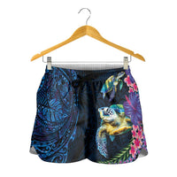 Hawaiian Plumeria and Hibiscus with Turtles Shorts for Women Polynesian Art Dark Cyan Color - Polynesian Pride