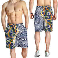 Hawaiian Plumeria Lei Shorts for Men Kakau Motifs and Palaka Half Style Blue Color - Polynesian Pride