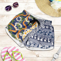 Hawaiian Plumeria Lei Shorts for Women Kakau Motifs and Palaka Half Style Blue Color LT03 Blue - Polynesian Pride