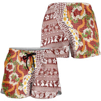 Hawaiian Plumeria Lei Shorts for Women Kakau Motifs and Palaka Half Style Red Color LT03 - Polynesian Pride