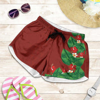 Hawaiian Taro Leaves-Hibiscus and Plumeria Shorts for Women Polynesian Art-Kakau Tattoo Red LT03 Red - Polynesian Pride
