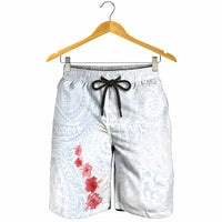Hawaiian Tribal Tattoo and Hibiscus Shorts for Men Polynesian Pattern Airy White Blue Cloud