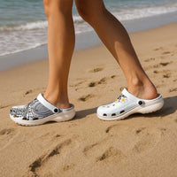 Hawaiian Tribal Tattoo and Plumeria Clogs Shoes Polynesian Pattern White Color