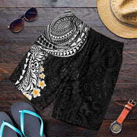 Hawaiian Tribal Tattoo and Plumeria Shorts for Men Polynesian Pattern Black Color