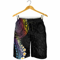 Hawaiian Tribal Tattoo and Plumeria Shorts for Men Polynesian Pattern Rainbow
