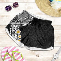 Hawaiian Tribal Tattoo and Plumeria Shorts for Women Polynesian Pattern Black Color